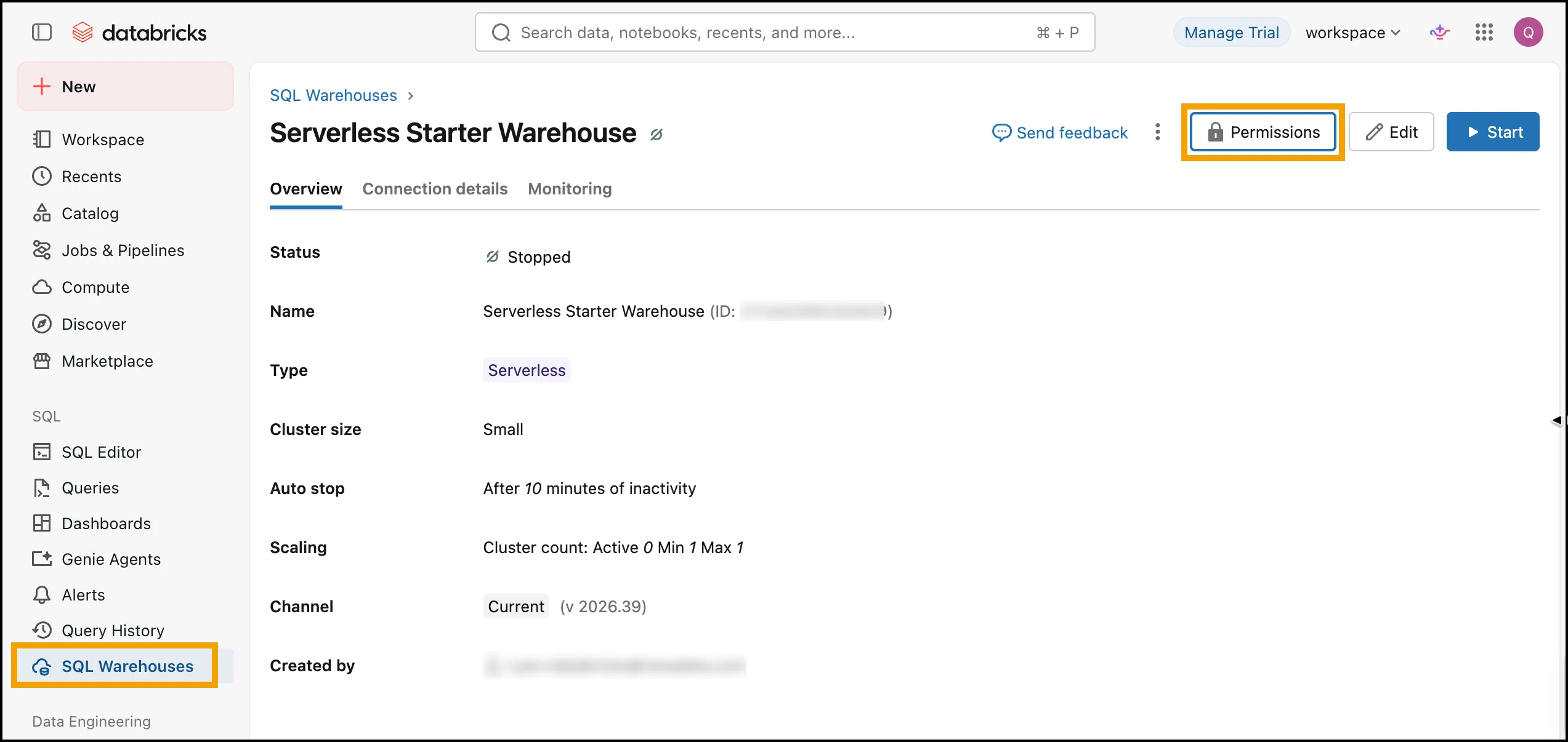 The Serverless Starter Warehouse overview page, with SQL Warehouses highlighted in the sidebar and the Permissions button highlighted at the top right.