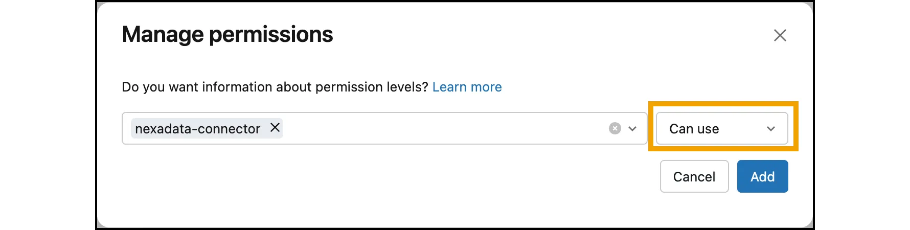 The Manage permissions dialog with nexadata-connector selected, the Can use permission highlighted, and the Add button.