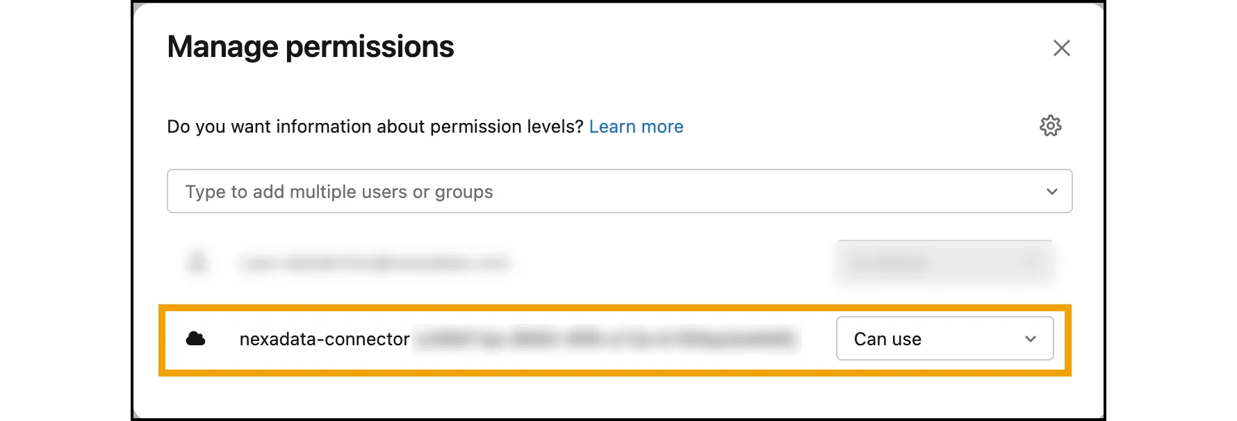 The warehouse's Manage permissions list with nexadata-connector highlighted and set to Can use.