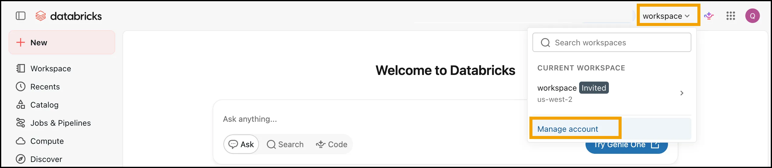 The Databricks workspace home page with the workspace menu open at the top right, and both the workspace name and Manage account highlighted.