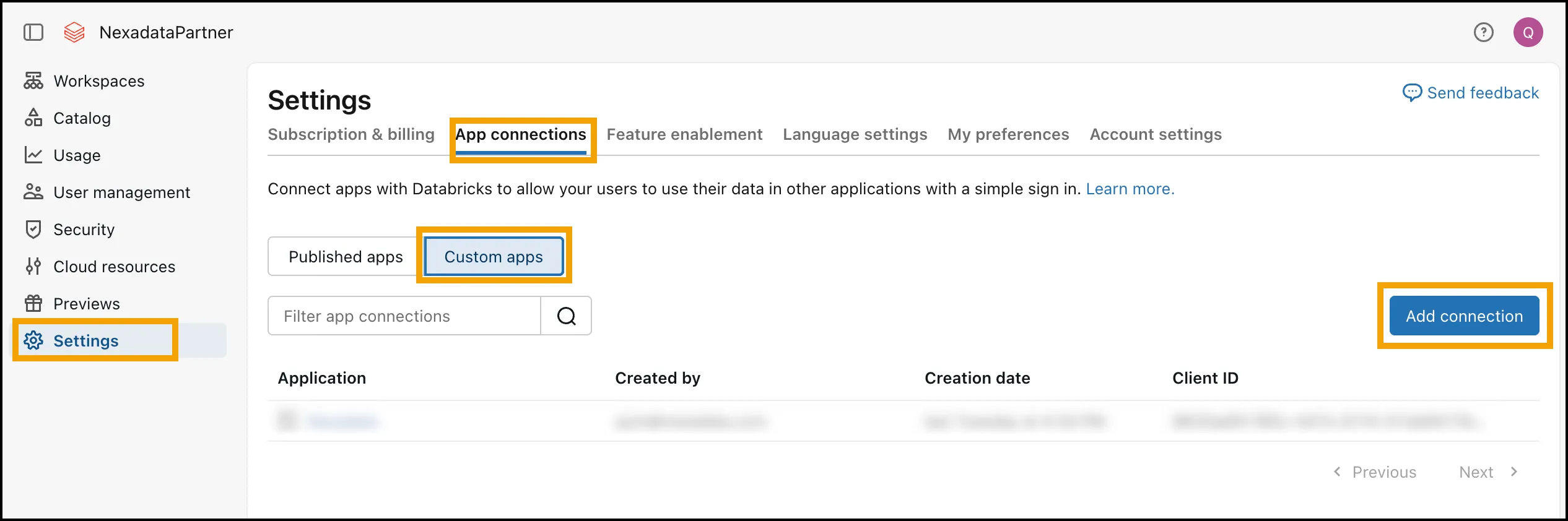 The account console Settings page with Settings highlighted in the sidebar, the App connections tab and Custom apps highlighted, and the Add connection button highlighted on the right.