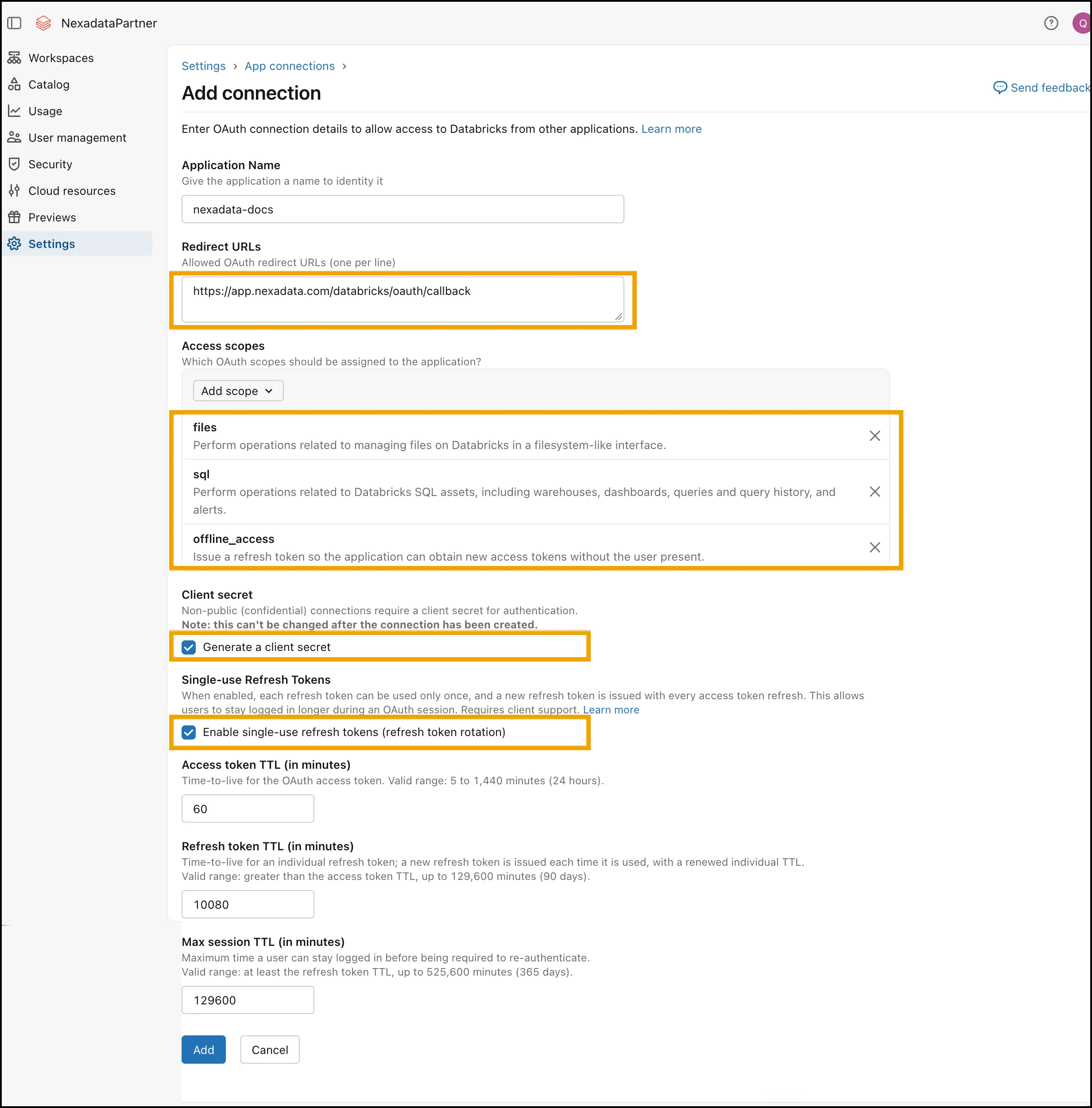 The Add connection form with the application name nexadata-docs, and the redirect URL, the files, sql, and offline_access scopes, Generate a client secret, and Enable single-use refresh tokens highlighted.