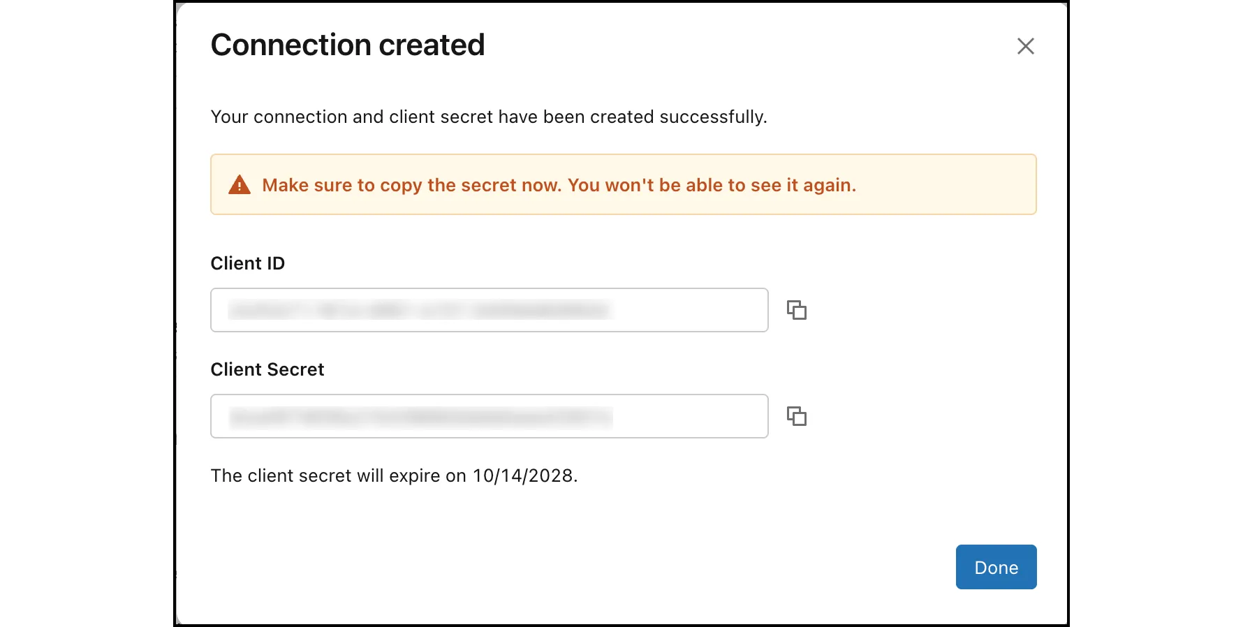 The Connection created dialog with the Client ID and Client Secret blurred, a warning to copy the secret now, and the secret's expiration date.