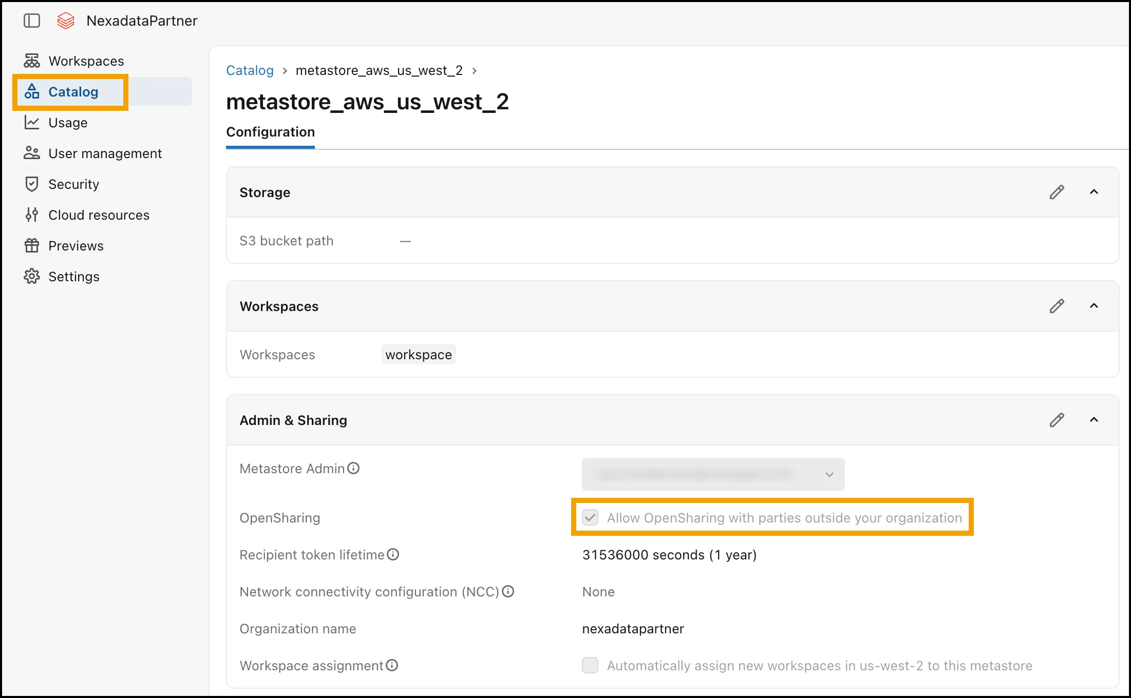 The metastore Configuration page in the account console, with Catalog highlighted in the sidebar and Allow OpenSharing with parties outside your organization checked and highlighted in the Admin & Sharing section.