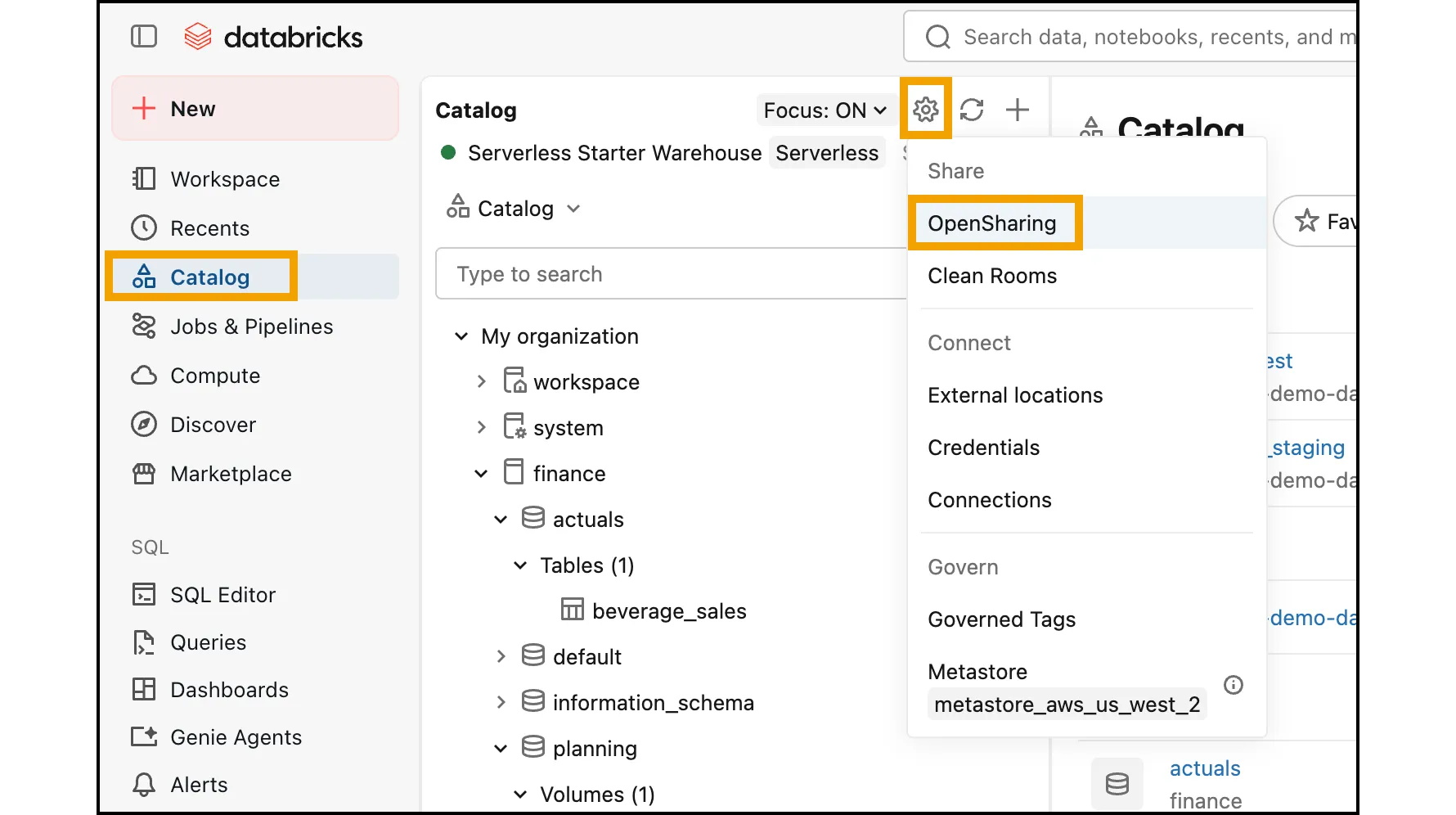 The Catalog pane with Catalog highlighted in the sidebar, the gear icon menu open, and OpenSharing highlighted under Share.
