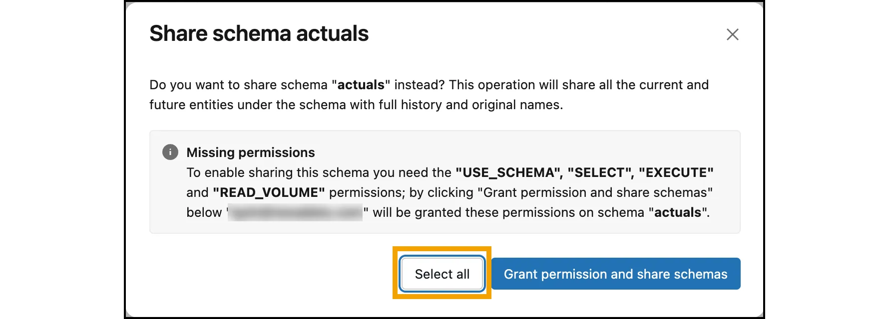 The Share schema dialog asking whether to share the whole actuals schema instead, with the Select all button highlighted.