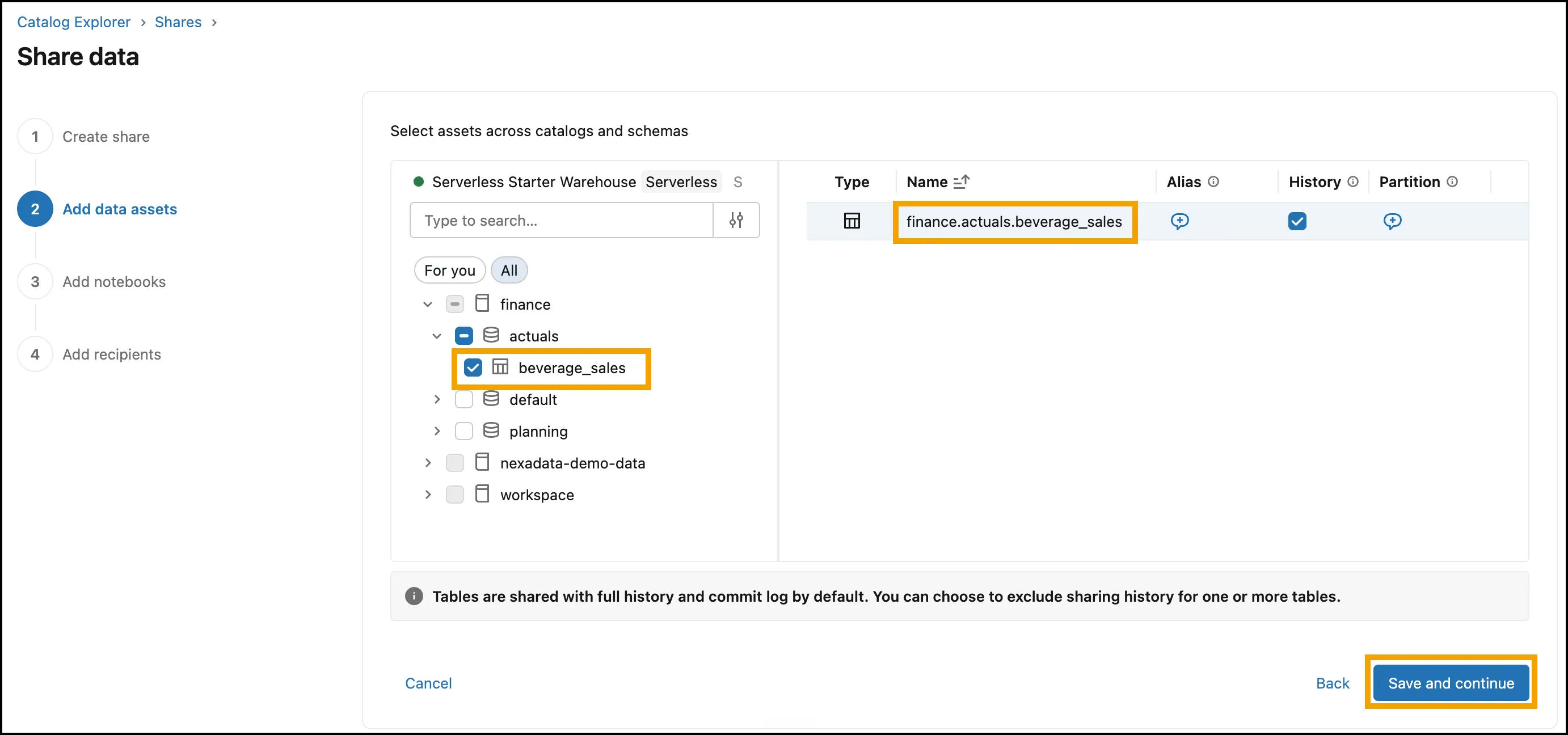 The Add data assets step with beverage_sales checked under finance and actuals, finance.actuals.beverage_sales listed on the right, and Save and continue highlighted.
