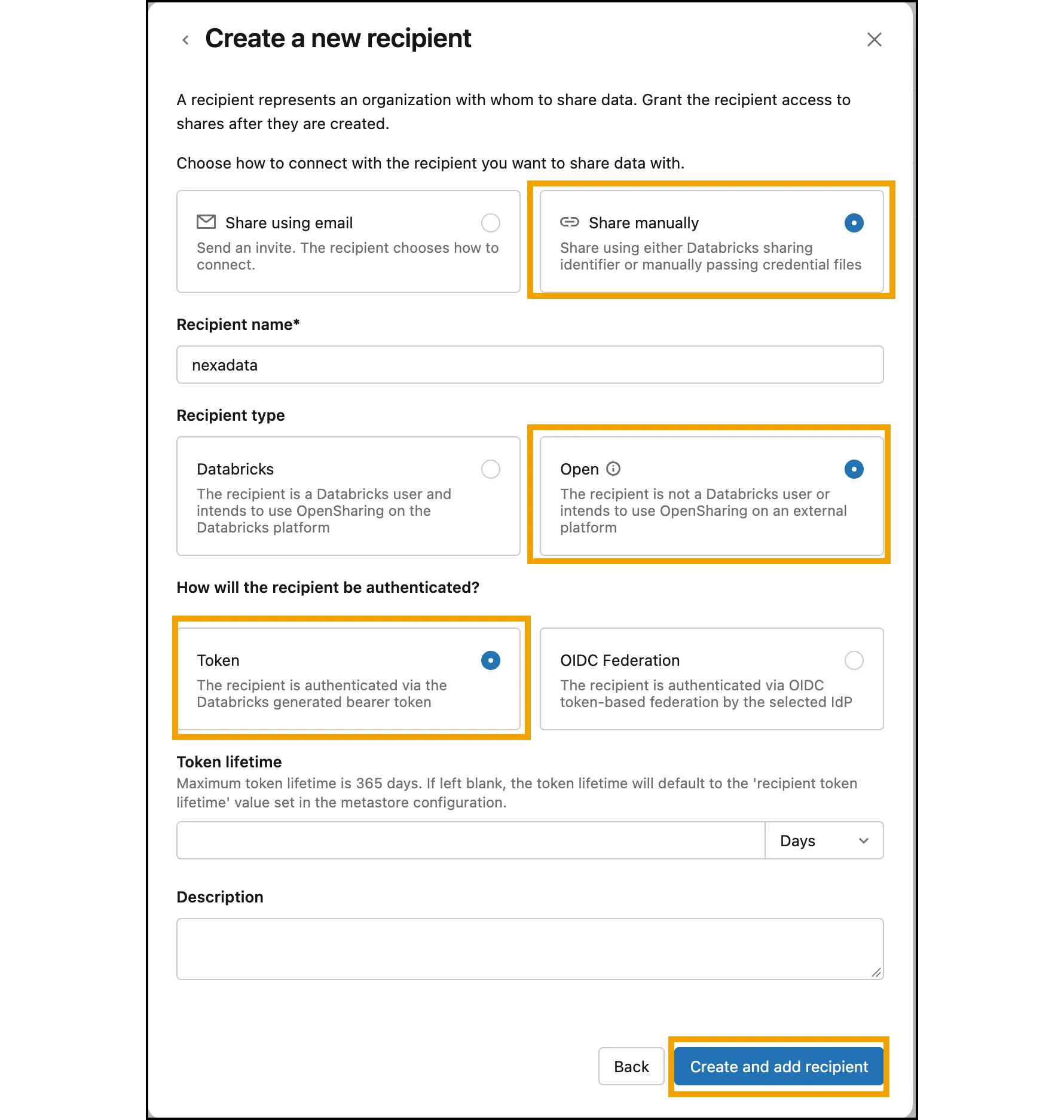 The Create a new recipient form with Share manually, the Open recipient type, Token authentication, and Create and add recipient highlighted, and the recipient name nexadata.