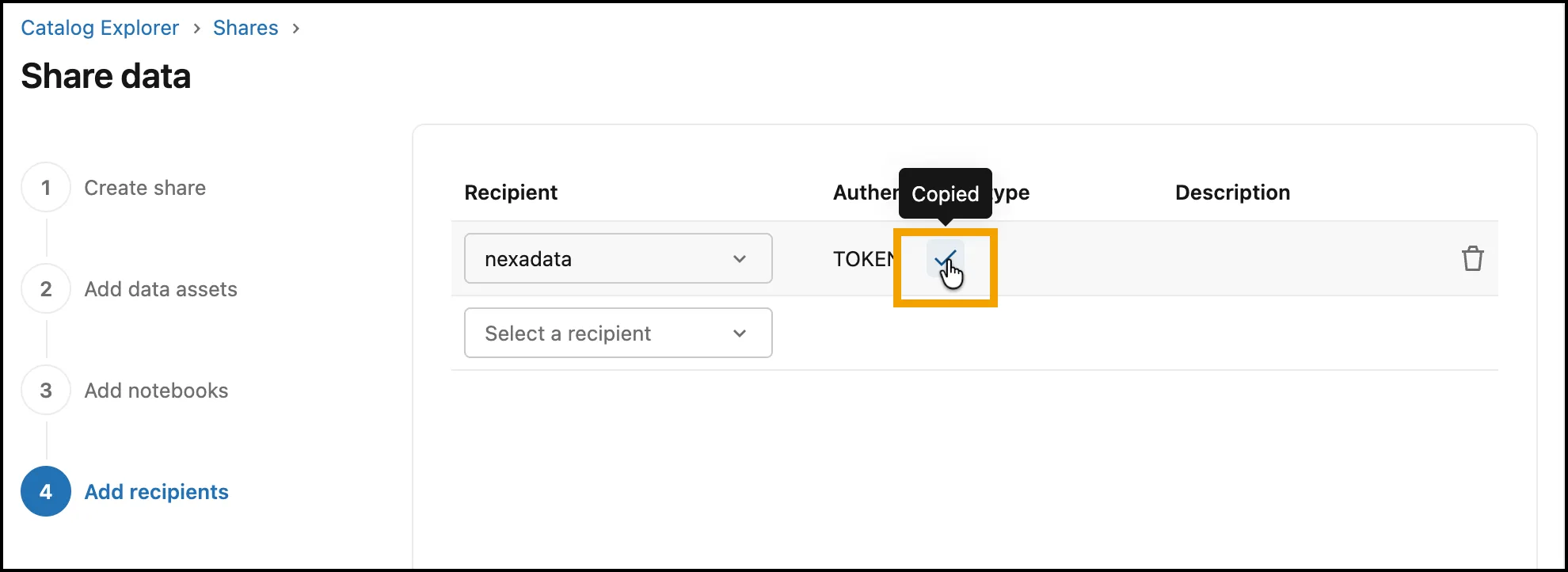 The Add recipients step with nexadata listed as a recipient, and the copy icon next to TOKEN highlighted and showing Copied.