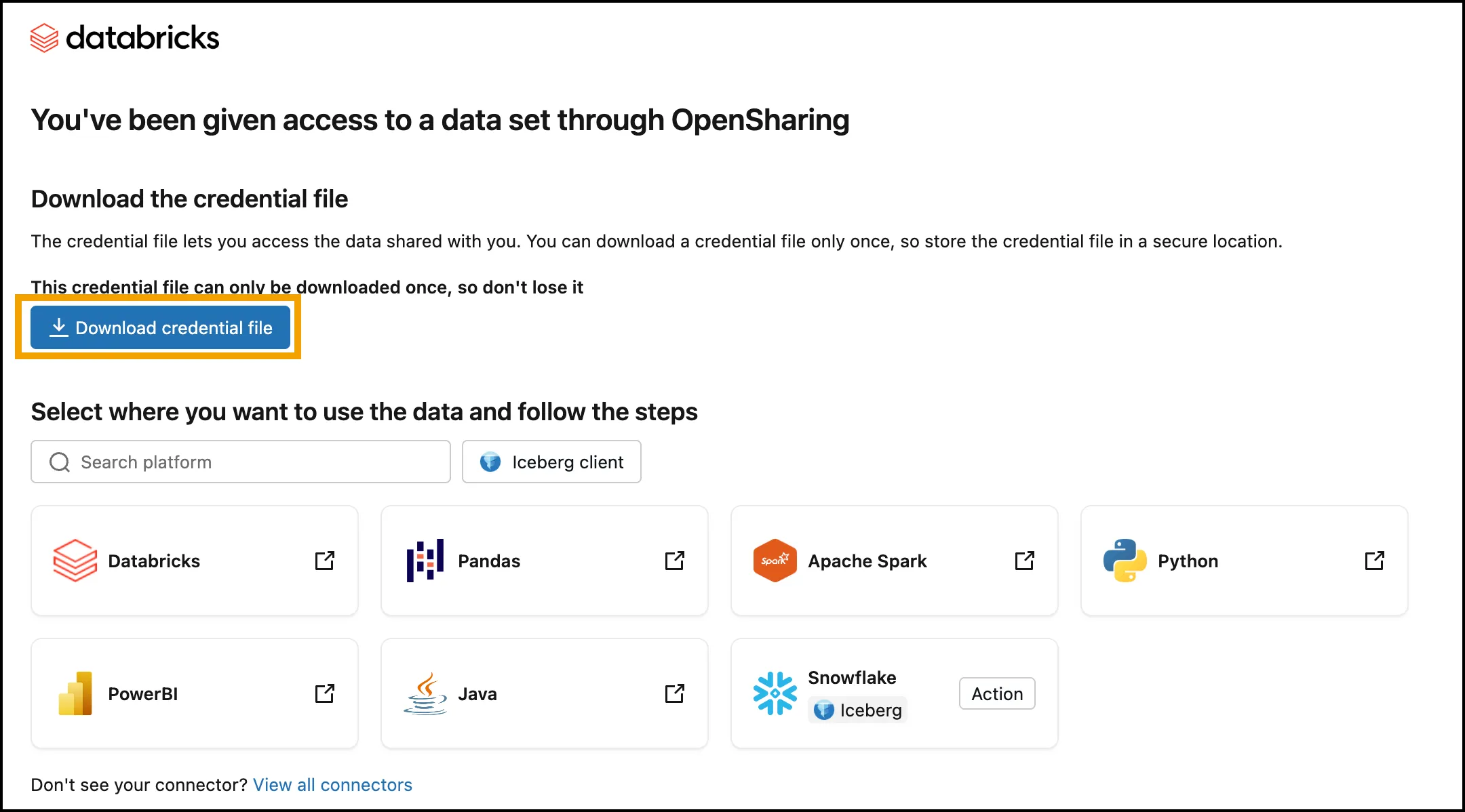 The OpenSharing activation page with the Download credential file button highlighted and a warning that the file can be downloaded only once.