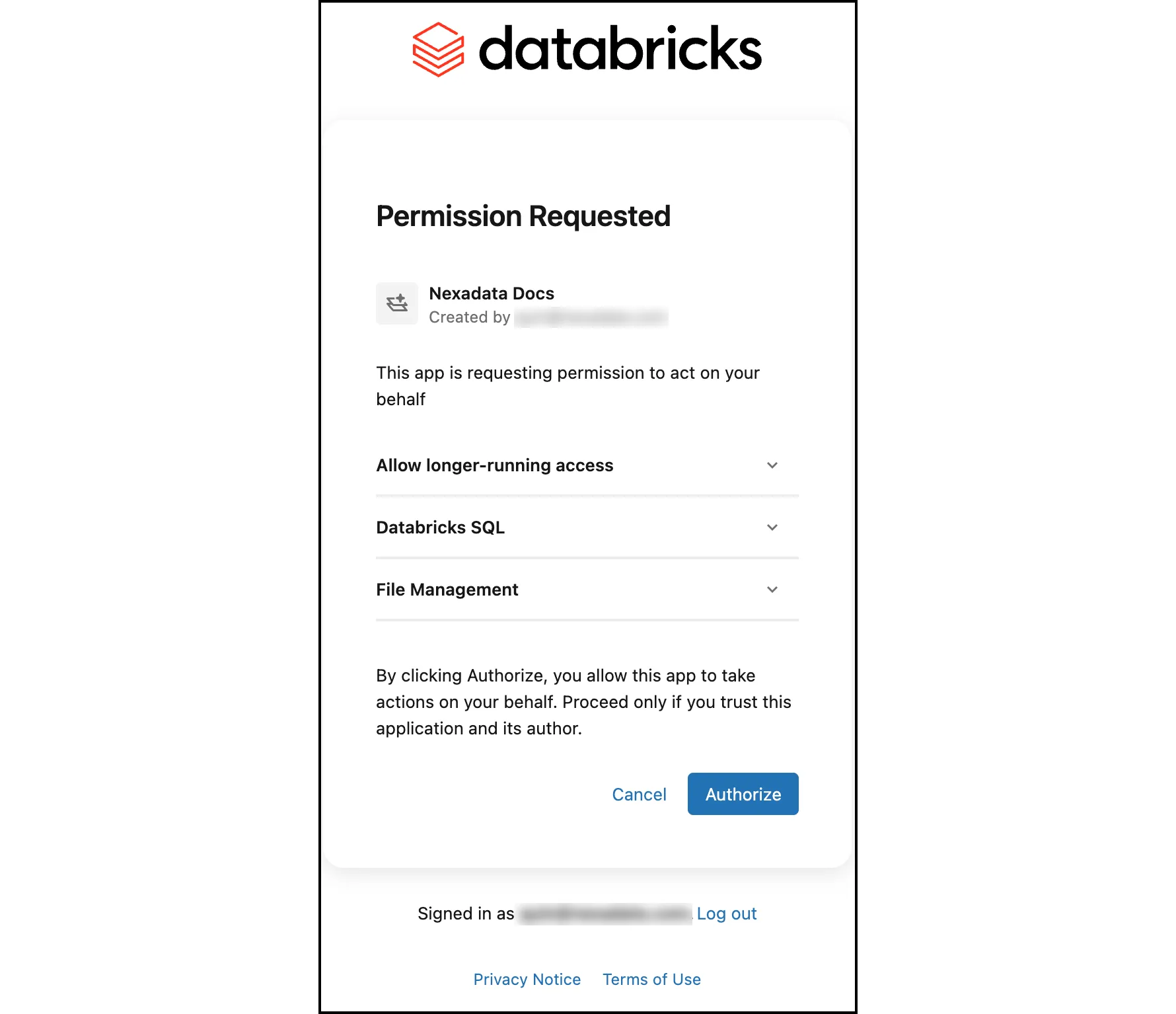 The Databricks Permission Requested page for the Nexadata app connection, listing Allow longer-running access, Databricks SQL, and File Management, with the Authorize button.
