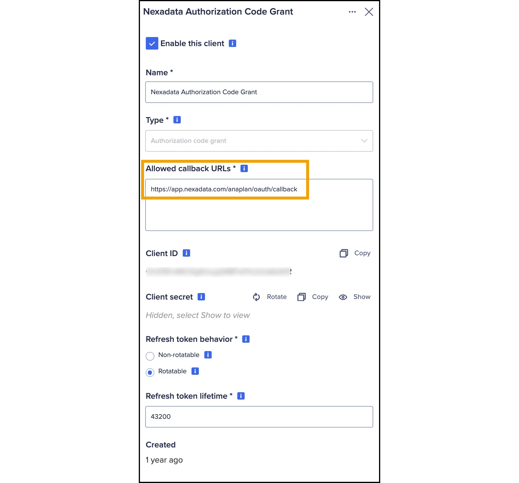 Anaplan OAuth client settings for an Authorization Code Grant, with the Allowed callback URLs field highlighted and set to https://app.nexadata.com/anaplan/oauth/callback.