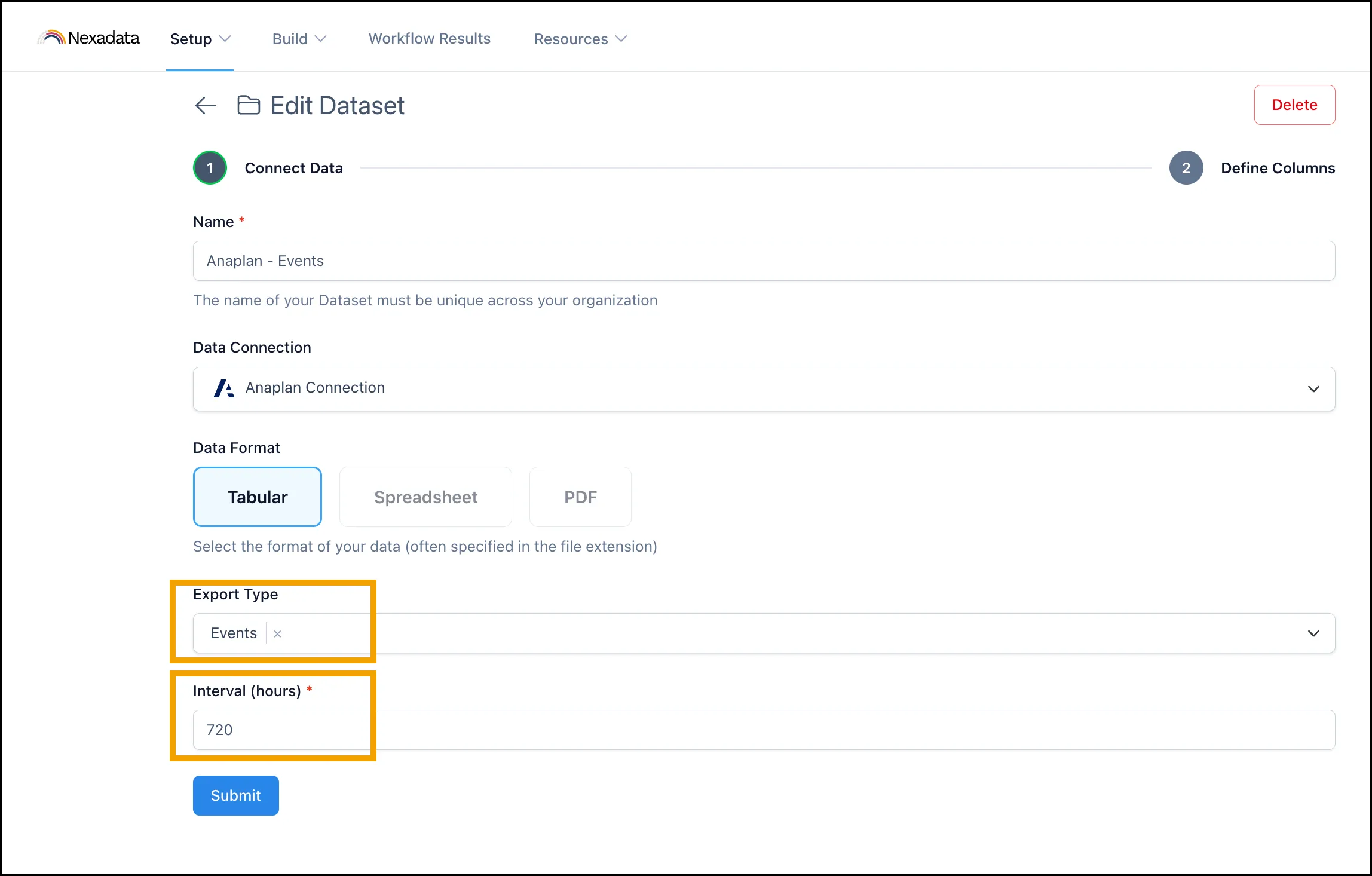 Export Type holds Events and Interval (hours) holds 720, both outlined, on a dataset named Anaplan - Events.