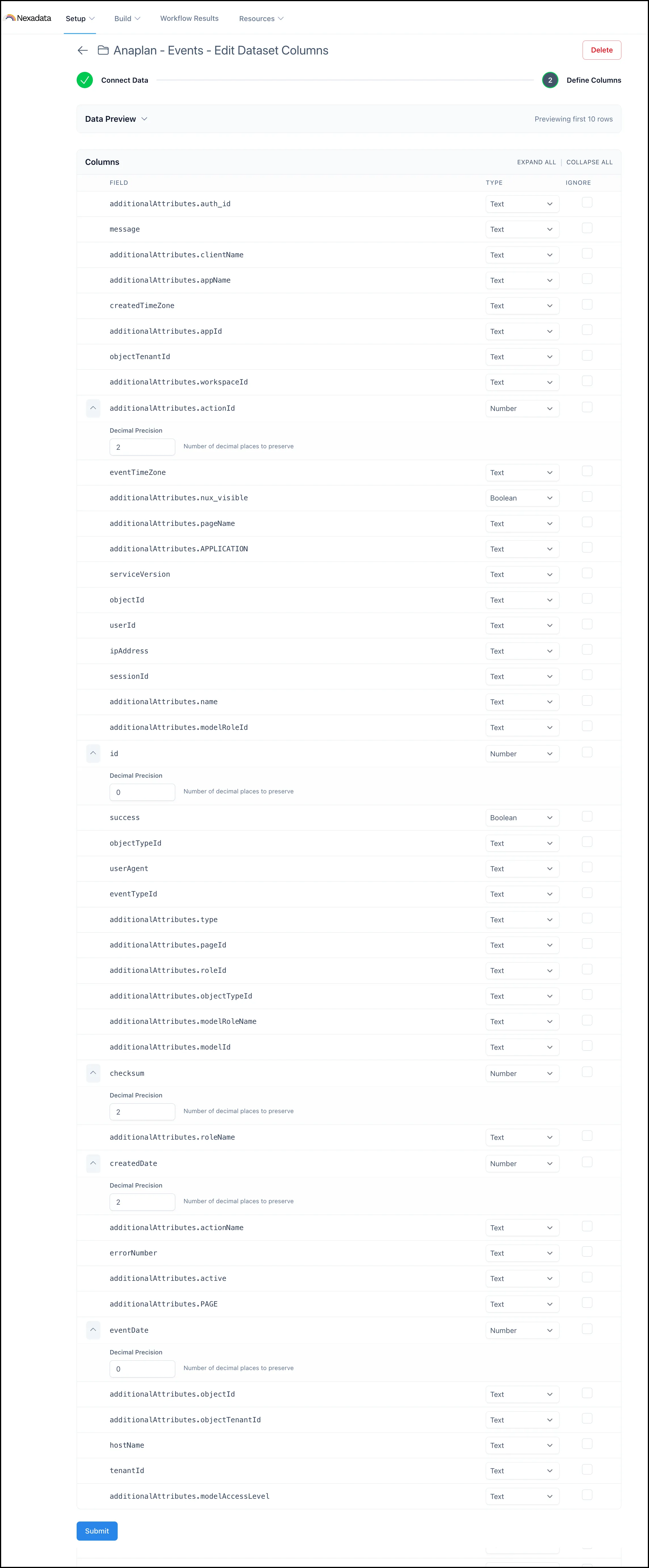 A long column list for Events with every Ignore box left clear, and eventDate expanded to show Decimal Precision 0.