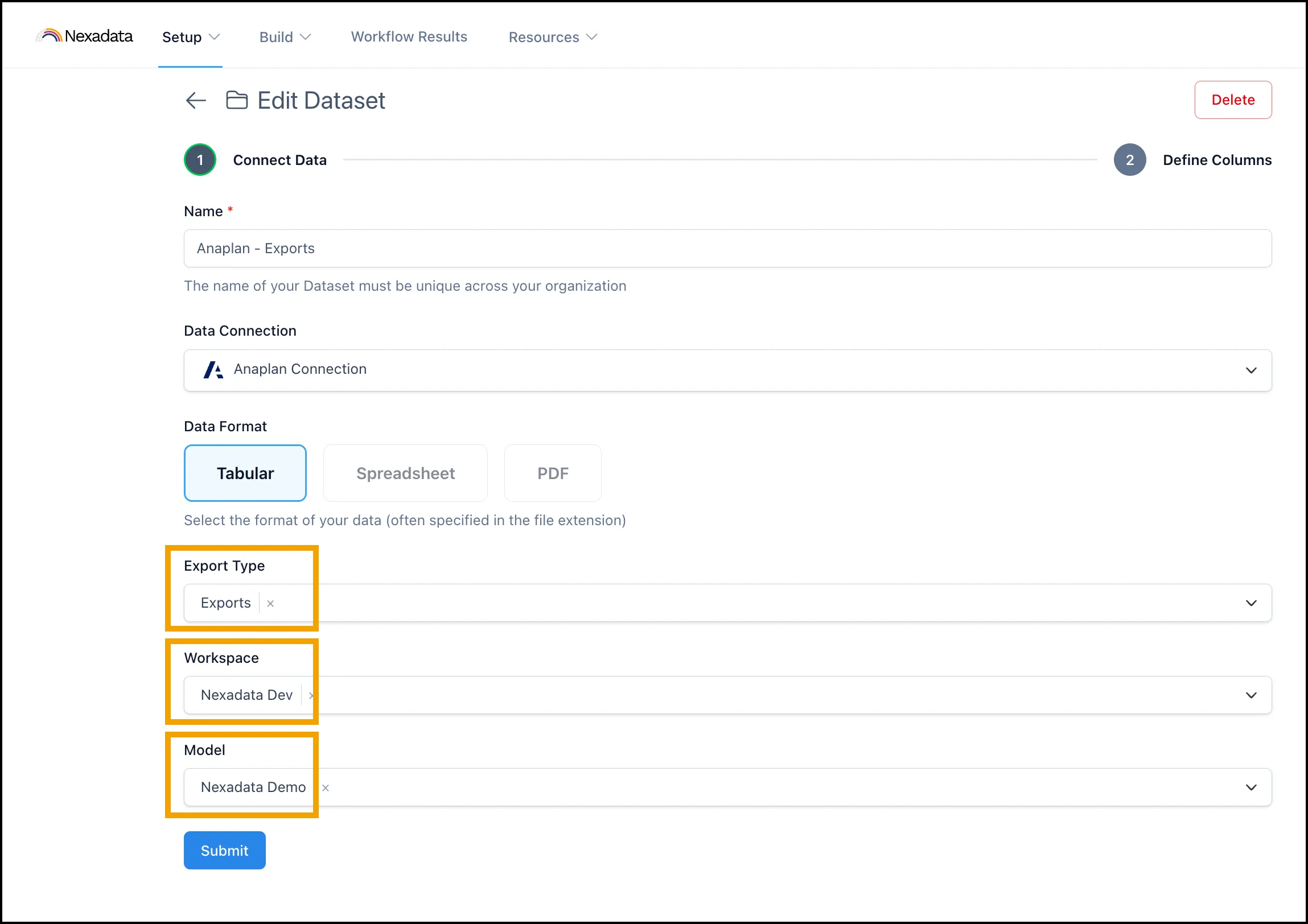 Export Type holds Exports, with the same Nexadata Dev workspace and Nexadata Demo model below it.