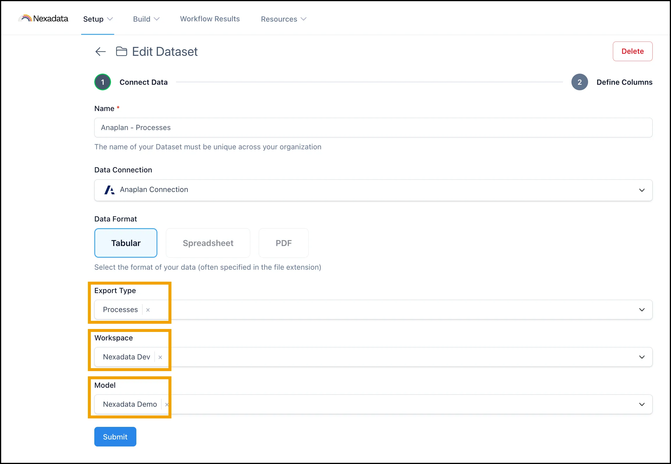 Export Type holds Processes, with Workspace on Nexadata Dev and Model on Nexadata Demo.