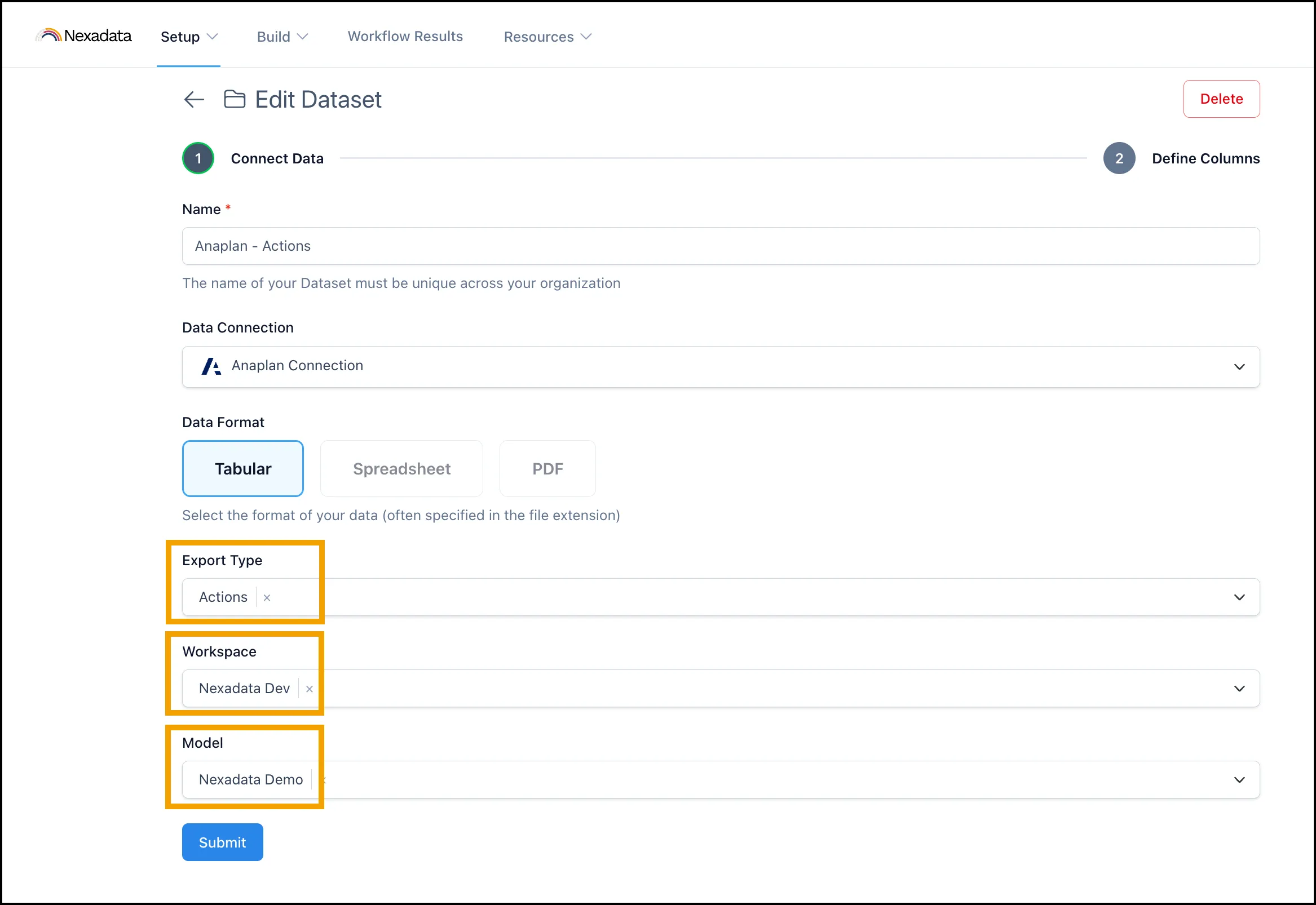 Export Type holds Actions, with Workspace on Nexadata Dev and Model on Nexadata Demo.