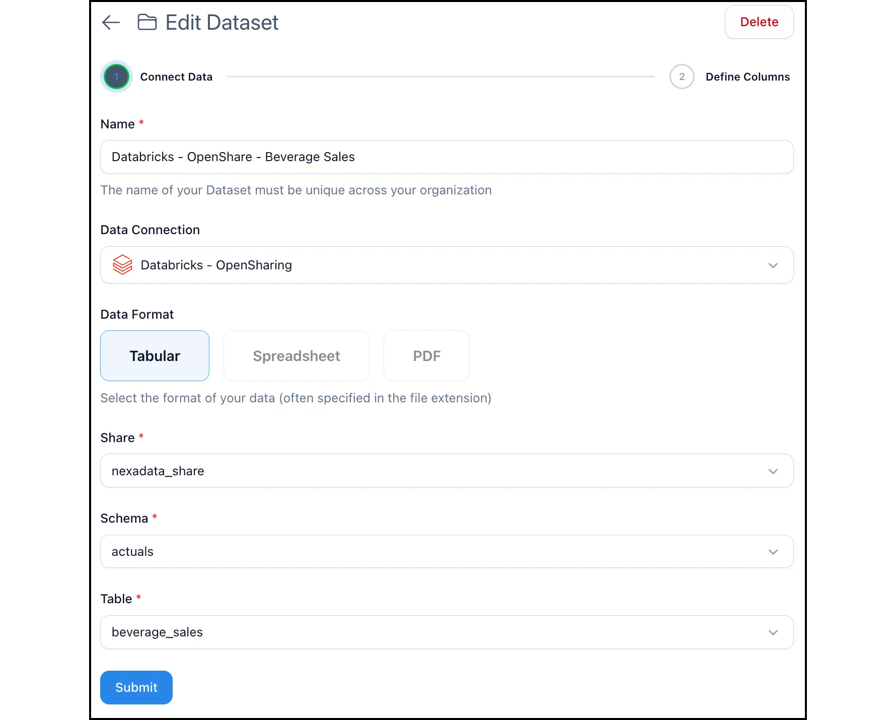 The Connect Data step of a dataset using the Databricks - OpenSharing connection, with Tabular selected and the share nexadata_share, schema actuals, and table beverage_sales chosen.