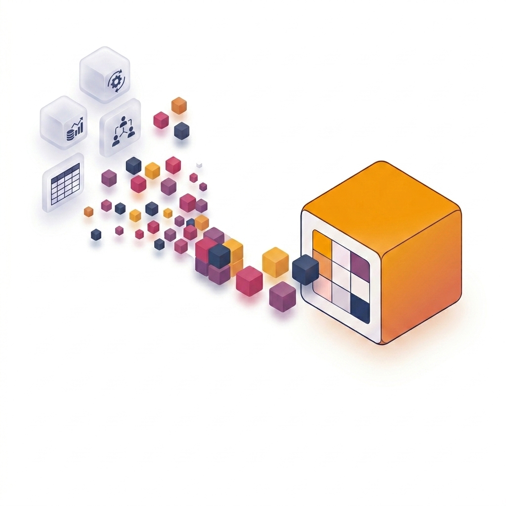 Many records from finance and operations systems consolidate into a few clean, harmonized blocks landing in a Nexadata planning cube, the EPM destination.
